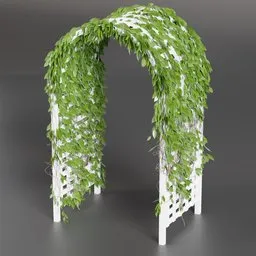 "Nature-inspired 3D model of a modular arch trellis with green beans by Nína Tryggvadóttir for Blender 3D. PBR leaves and simple procedural materials with separate particle system for easy customization."