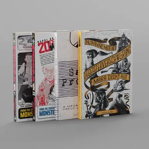 Highly detailed 3D modeled books with vibrant covers, perfect for Blender 3D scenes and virtual libraries.