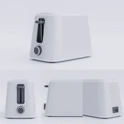 Sleek white modern toaster 3D model with various angles, compatible with Blender 3D rendering.