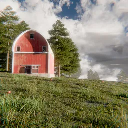 3D-rendered tranquil rural scene with an aged red barn, surrounded by pine trees under a dramatic cloudy sky, showcasing detailed textures.