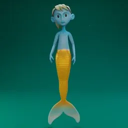 "Blue and yellow sea creature 3D model named Kai for Blender 3D software. Inspired by mermaid dolls, blue-skinned elves, and in-game graphics, this model is perfect for monster and creature category projects. Rendered in POV-Ray with attention to detail."