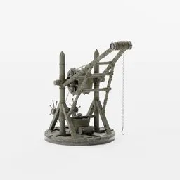 "Large fully riggable medieval crane 3D model for Blender 3D software, featuring a machine holding a giant flail on a table. Perfect for artillery explosions, medieval posters, and trench crusade visualizations. Download this 3D model from BlenderKit today for your 3D rendering needs."