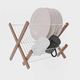"Wood and chromed steel folding dish drying rack in Blender 3D model format, inspired by Auguste Baud-Bovy. Highly detailed, perfect for home and garden storage, as seen on ArtStation and DeviantArt."