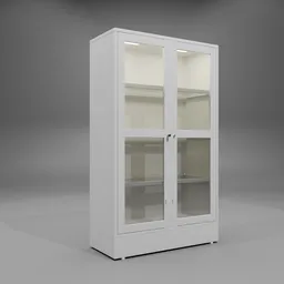 Detailed 3D model of white wooden cabinet with glass doors for Blender rendering and shelving visualization.