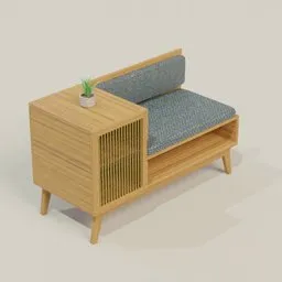 Wooden 3D Blender model of a modern hall storage cabinet with cushioned seat and plant decor.