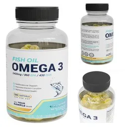 Detailed 3D model of fish oil supplement bottle with capsules, optimized for Blender rendering.