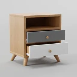 Highly detailed Blender 3D model of a two-toned bedside table with open shelf and drawers.