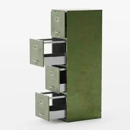 Green vintage-style 3D model filing cabinet with open drawers, low-poly design with PBR textures, suitable for Blender.