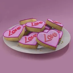 Detailed 3D Blender model of heart-shaped cookies on plate with 'love' icing, ideal for Valentine's renderings.