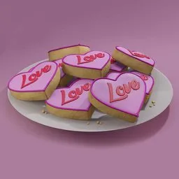 "Plate with heart-shaped cookies in shades of pink caramel, arranged on a plate with the word 'love'. This 3D model, created using Blender 3D software, is perfect for creating promotional shots and advertising for sweets and dessert products. The retro-stylized design features bright and bold simple shapes, and is rendered using the V-Ray engine."