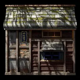 Textured 3D material of a mossy wooden roof and weathered walls for Blender PBR renderings.