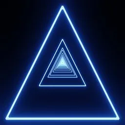 Glowing blue neon triangles in a tunnel formation, Blender 3D abstract scene for VJ loops and creative design.