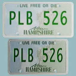 3D modeled New Hampshire license plate with basic textures for vehicle models in Blender 3D.