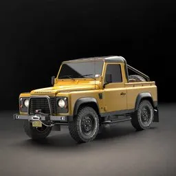 Detailed Blender 3D model of a yellow Land Rover Defender 90 PickUp with realistic textures and shadows for close-up renders.