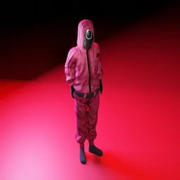 3D model of a pink-clad, masked figure, designed for Blender, posed against a red backdrop.