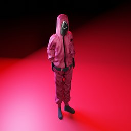3D model of a pink-clad, masked figure, designed for Blender, posed against a red backdrop.