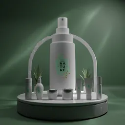Elegant 3D-rendered cosmetics scene, with spotlight and green backdrop for beauty product visualization.