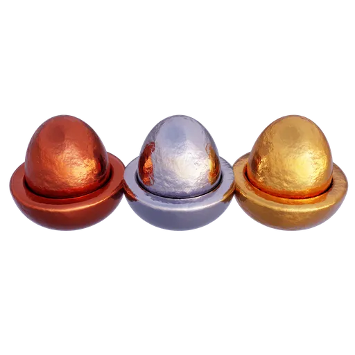 Detailed 3D modeled Easter eggs with metallic textures for Blender rendering.