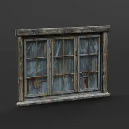 Detailed 3D model of an aged wooden window with weathered textures, ideal for Blender rendering.