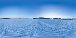 Snow-covered landscape with tire tracks under blue dusk sky, ideal for scene lighting textures.