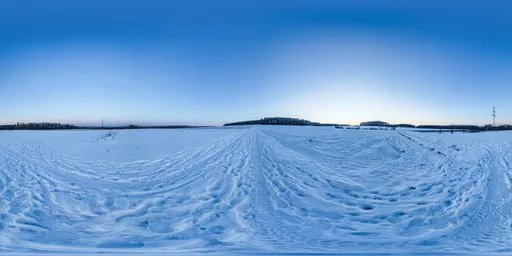 Snow-covered landscape with tire tracks under blue dusk sky, ideal for scene lighting textures.