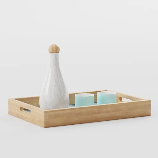 Detailed 3D wooden tray model with elegant handles and accessories, perfect for Blender rendering.