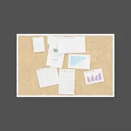 Detailed 3D corkboard with notes and charts, ideal for Blender 3D office scenes.