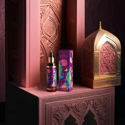 Elegant 3D-rendered royal rose water bottle with gold detail next to ornate box, showcasing Blender modeling expertise.