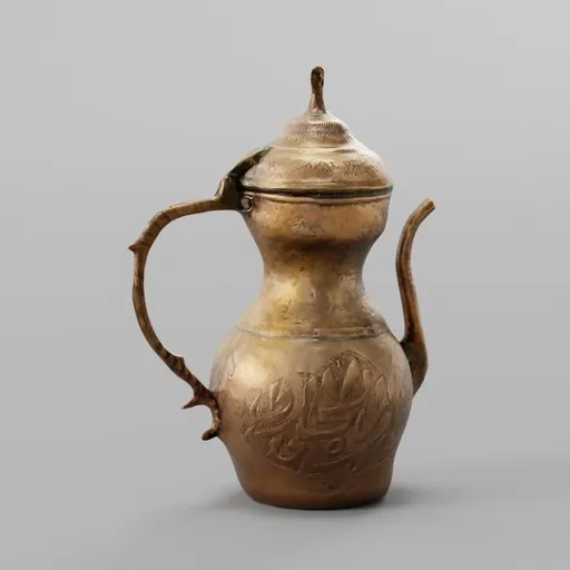 Handcrafted copper oil dispenser with detailed engraving, suitable for 3D rendering in Blender and other 3D software.