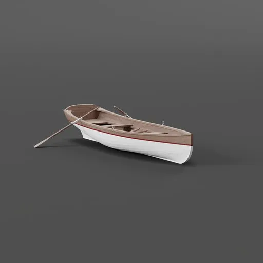 Detailed 3D wooden rowboat model with paddles, ideal for Blender 3D projects, on a neutral backdrop.