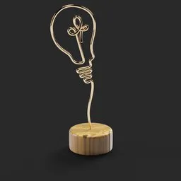 Golden wireframe lightbulb 3D model on a wooden base, designed in Blender, for digital sculpture display.