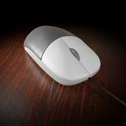 "3D model of a subdivided computer mouse in Blender 3D. White mouse displayed on a mahogany desk with a black background, perfect for video game assets and UX design. Modeled with precision and sharp focus."
