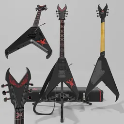 "Get the Kerry King 2021 signature electric guitar 3D model for Blender. Mahogany body with maple top, EMG pickups, Floyd Rose 1000 bridge, and custom graphic finish designed by Kerry King himself. Includes tripod guitar stand, guitar case, and adjustable strap control curve."
