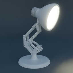 Realistic adjustable 3D-rendered desk lamp model with illuminated bulb for Blender artists.
