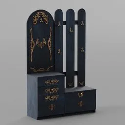 Highly detailed blue and gold 3D wardrobe model with ornamental design, perfect for Blender rendering.