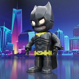 3D model of a stylized young superhero in bat costume, rigged for Blender, with plastic texture effect.