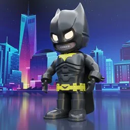 "Batman Kid 3D model with simulated plastic materials, ideal for Blender 3D software. Capture the essence of a young Batman against a city background and night sky with ultra-bright superpop lighting and intricate backmouth details. Perfect for fantasy creations and game design."