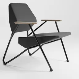 Detailed 3D model render of a modern easy chair with a geometric design, armrests, and metal legs for Blender animation.