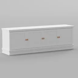 "White console with brass handles, a mid-century sofa inspired by Fitz Henry Lane, in a neo-classical composition. This 3D model, created in Blender 3D, features a close-up view of a cabinet with two doors and a drawer, showcasing a modern adult swim style aesthetic. Perfect for bedroom designs with its Swedish design influences, orange and white color scheme, and IKEA-inspired bench."