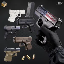 Detailed 3D model of a Glock 26 handgun with multiple textures, rigged for animation in Blender 3D.