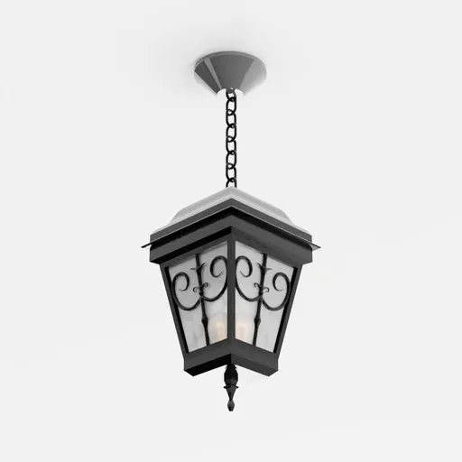 Black vintage-style hanging outdoor light 3D model, detailed for Blender rendering.