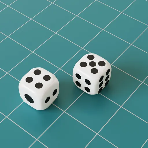 High-quality 3D dice model showcasing a pair of white dice with black dots for Blender rendering and gaming simulations.