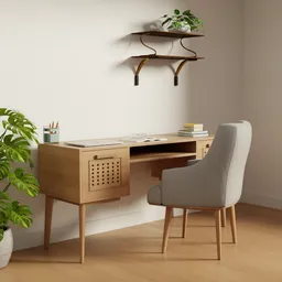 High-quality Blender 3D model showcasing a modern wooden desk with matching chair in a minimalist interior setting.