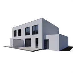 "Austrian styled duplex house with garage, rendered in orthographic view using Blender 3D software. Features white exterior with black accents and a 2.35:1 aspect ratio. Ideal for architectural visualizations and 3D modeling projects."