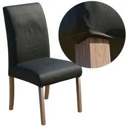 "Highly detailed leather dining chair with black wooden frame and seat, rendered with pathtracing. Features cloth simulation and beveled edges for a realistic look. Perfect for use in Blender 3D models."