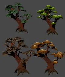 Detailed low poly fantasy tree 3D model suitable for gaming and animation, displayed in various textures.