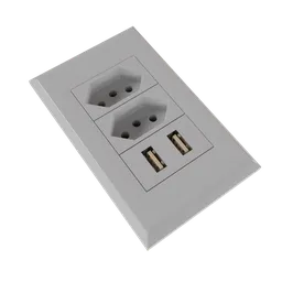 "White electrical outlet with USB ports, suitable for Blender 3D scenes. This high-quality power plug model features a symmetrical layout and sleek design. Perfect for adding a modern touch to your office or home setup."