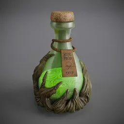 "Low poly magic potion bottle 3D model designed for games and real-time projects. The green bottle features a label with a health potion painting, creating a realistic 3D style. Perfect for science and miscellaneous categories, with a touch of horror element and visible veins adding to the defense and corruption theme."