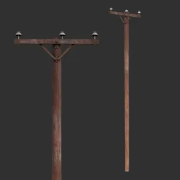 Detailed 3D model of a wooden utility pole with insulators, suitable for Blender rendering and game assets.