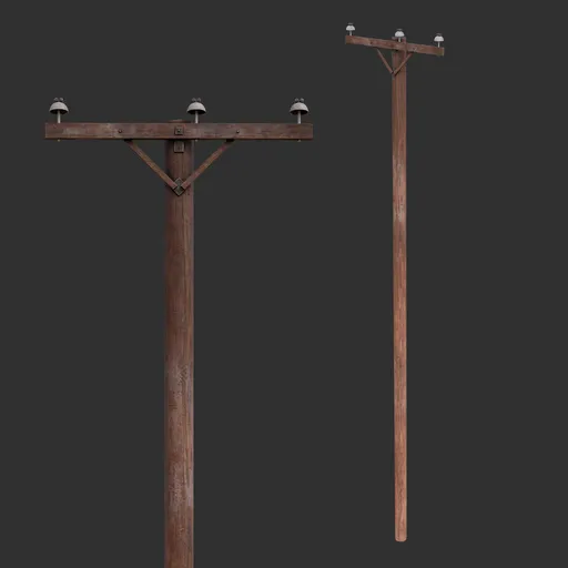 Detailed 3D model of a wooden utility pole with insulators, suitable for Blender rendering and game assets.